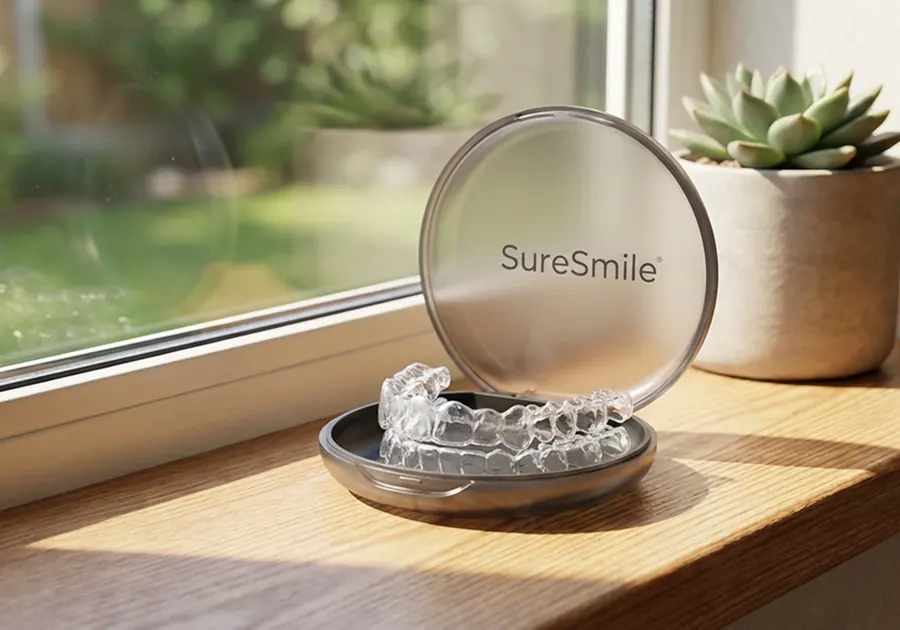 A SureSmile case holding clear aligner trays on a sunny windowsill.